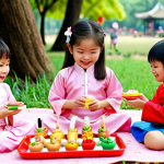 **

> A group of Vietnamese children, wearing traditional "ao dai", happily playing with brightly colored Tiinytins toys in a park filled with blooming lotus flowers. The toys are arranged in a tea party setting, with miniature "banh mi" and "che" alongside them.

**