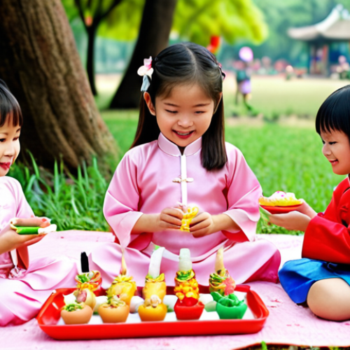 Home 11 **
> A group of Vietnamese children, wearing traditional "ao dai", happily playing with brightly colored Tiinytins toys in a park filled with blooming lotus flowers. The toys are arranged in a tea party setting, with miniature "banh mi" and "che" alongside them.
**