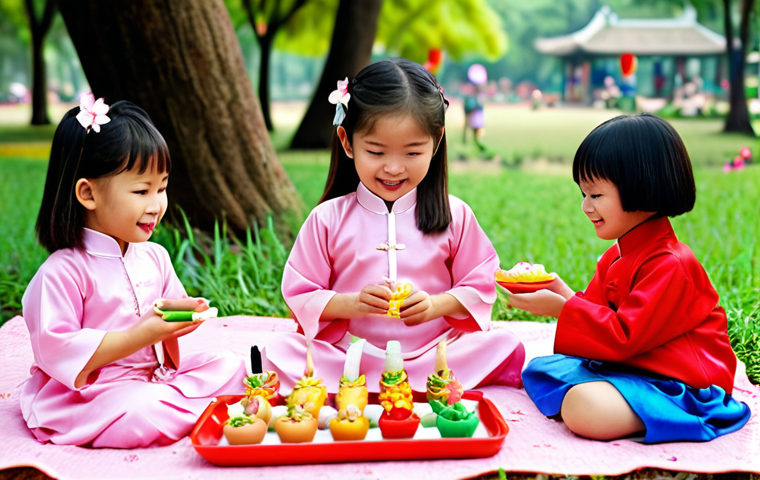 **

> A group of Vietnamese children, wearing traditional "ao dai", happily playing with brightly colored Tiinytins toys in a park filled with blooming lotus flowers. The toys are arranged in a tea party setting, with miniature "banh mi" and "che" alongside them.

**